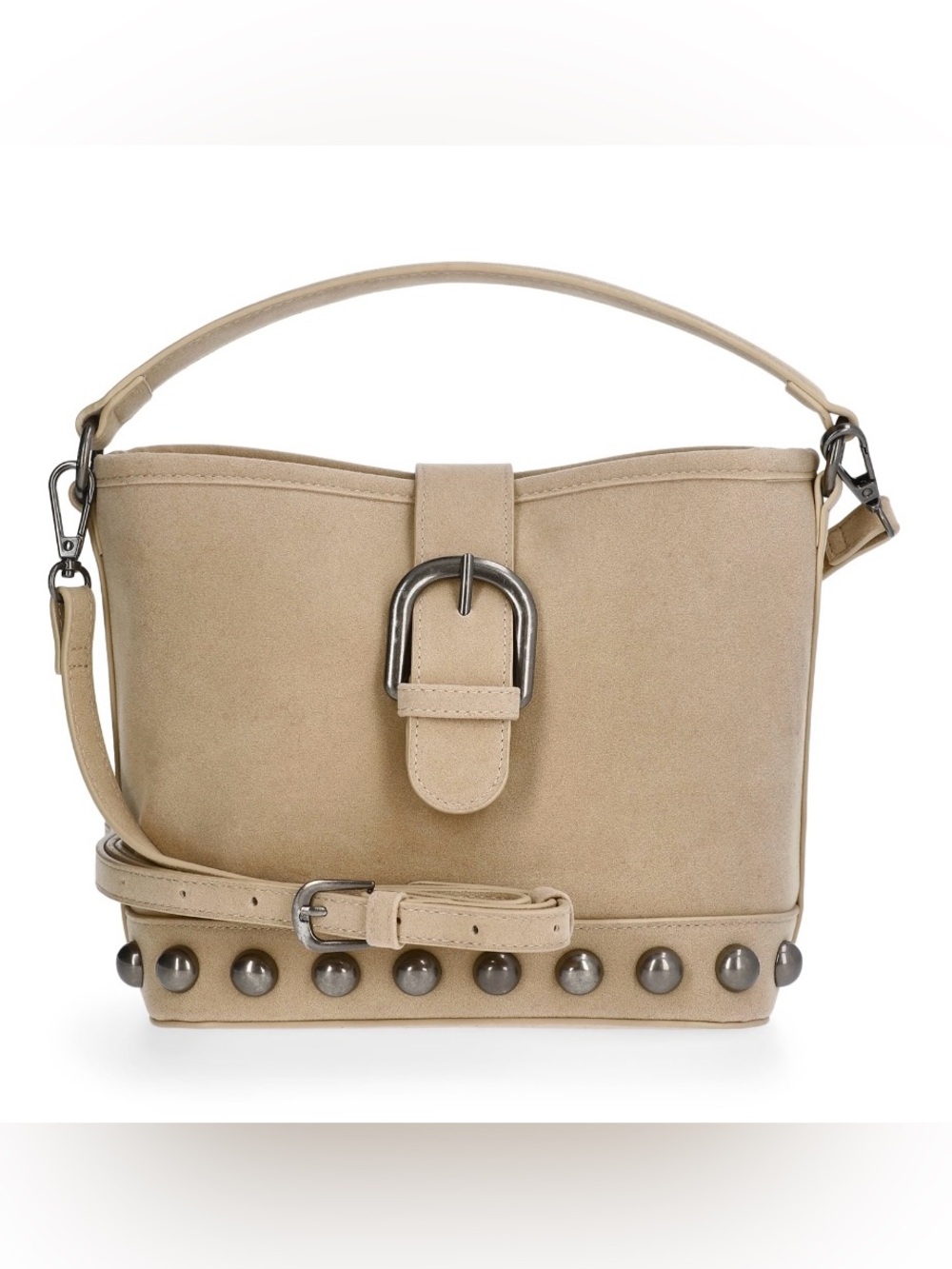 NWT Beige Suede Studded Moto Shoulder Bag with strap